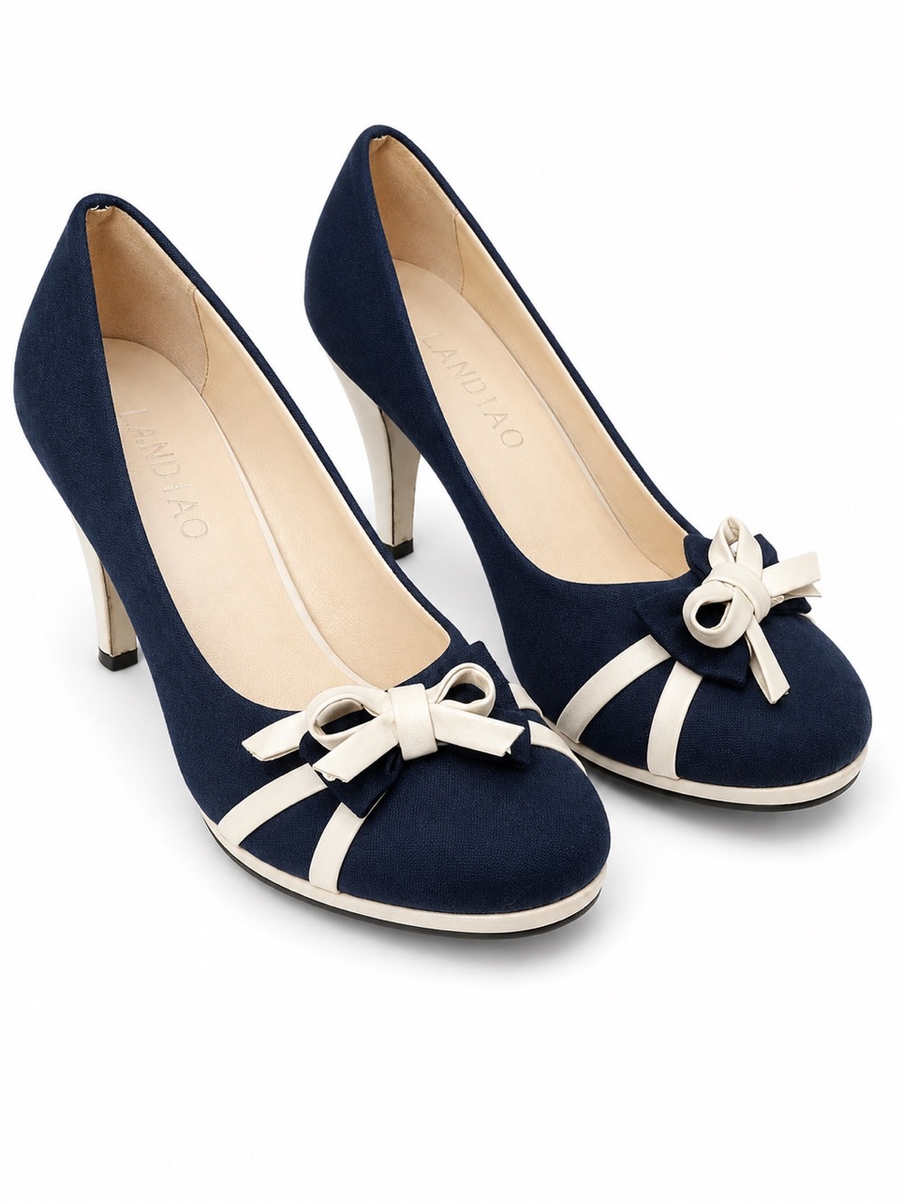 LANDIAO Navy White Bow Pumps Heels Size 39 Retro Preppy